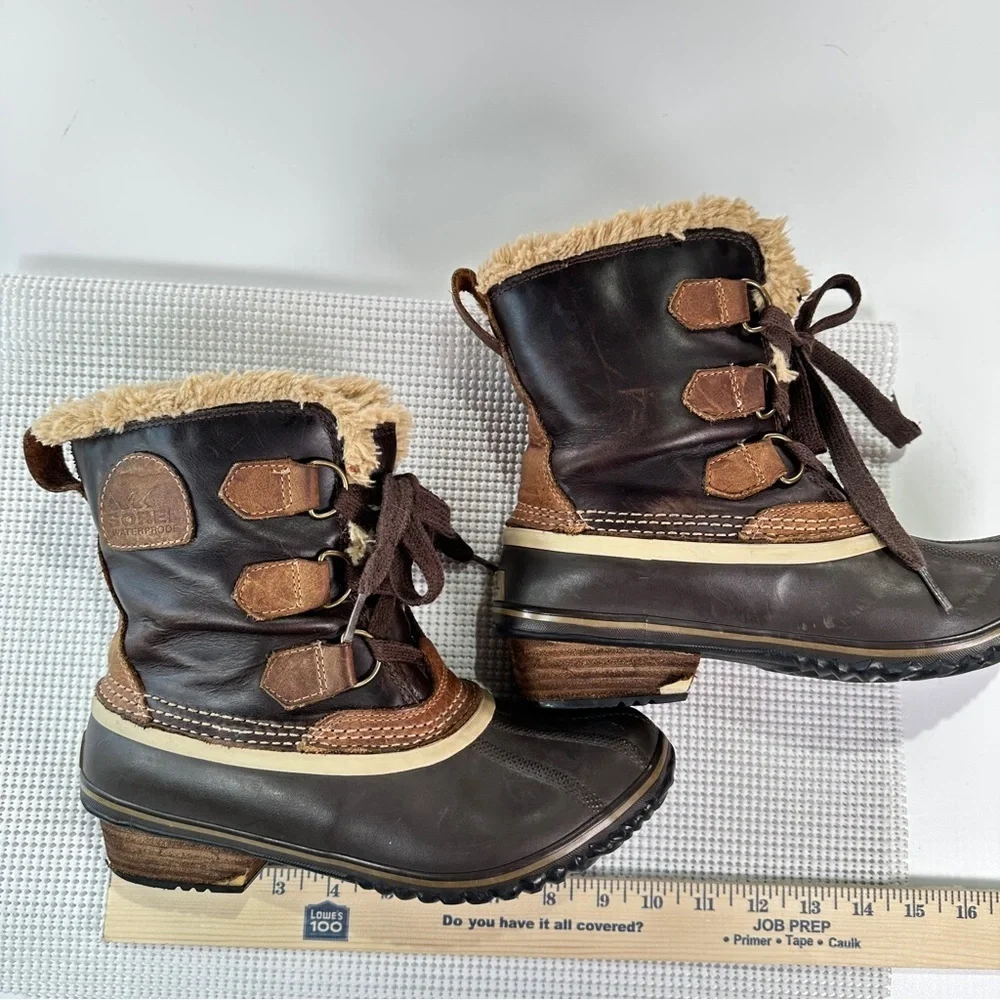 Sorel Winter Duck Boots Heeled Waterproof Lace Up Brown Black 8